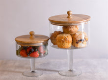 Load image into Gallery viewer, Pedestal Glass Jar with Wood Top
