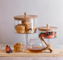 Load image into Gallery viewer, Pedestal Glass Jar with Wood Top
