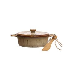 Load image into Gallery viewer, S/2 9-1/4"L Stoneware Brie Baker w Bamboo Canape Knife
