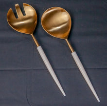 Load image into Gallery viewer, Set of 2 Gold Salad Servers w/White Resin Handles Giftbox - Gold &amp; White
