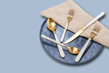 Load image into Gallery viewer, 5pc Flatware Place Setting Gold w/White Resin Handles Giftbox - Gold &amp; White
