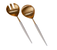 Load image into Gallery viewer, Set of 2 Gold Salad Servers w/White Resin Handles Giftbox - Gold &amp; White

